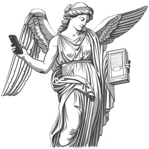 An illustration of a Greek goddess holding an iPhone and newsletter.