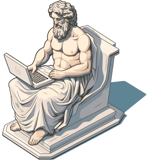 A marble statue of a Greek god coding on a throne