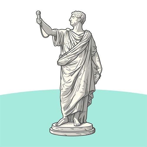 Illustration of a marble statue of a Roman orator holding a microphone