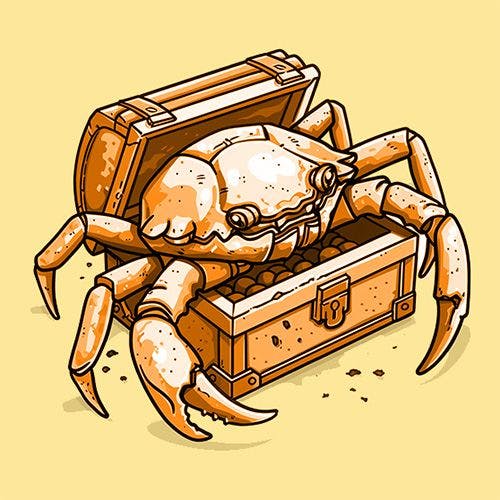 An illustration of a crab guarding the treasure chest it owns