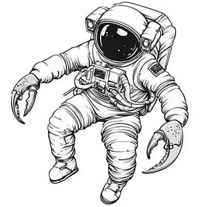 An astronaut with crab pincers floats in space.