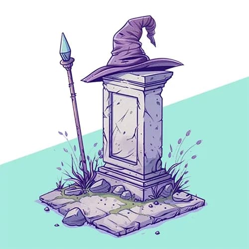 Illustration of a tombstone with a wizard's hat resting on top and a magic staff leaning nearby